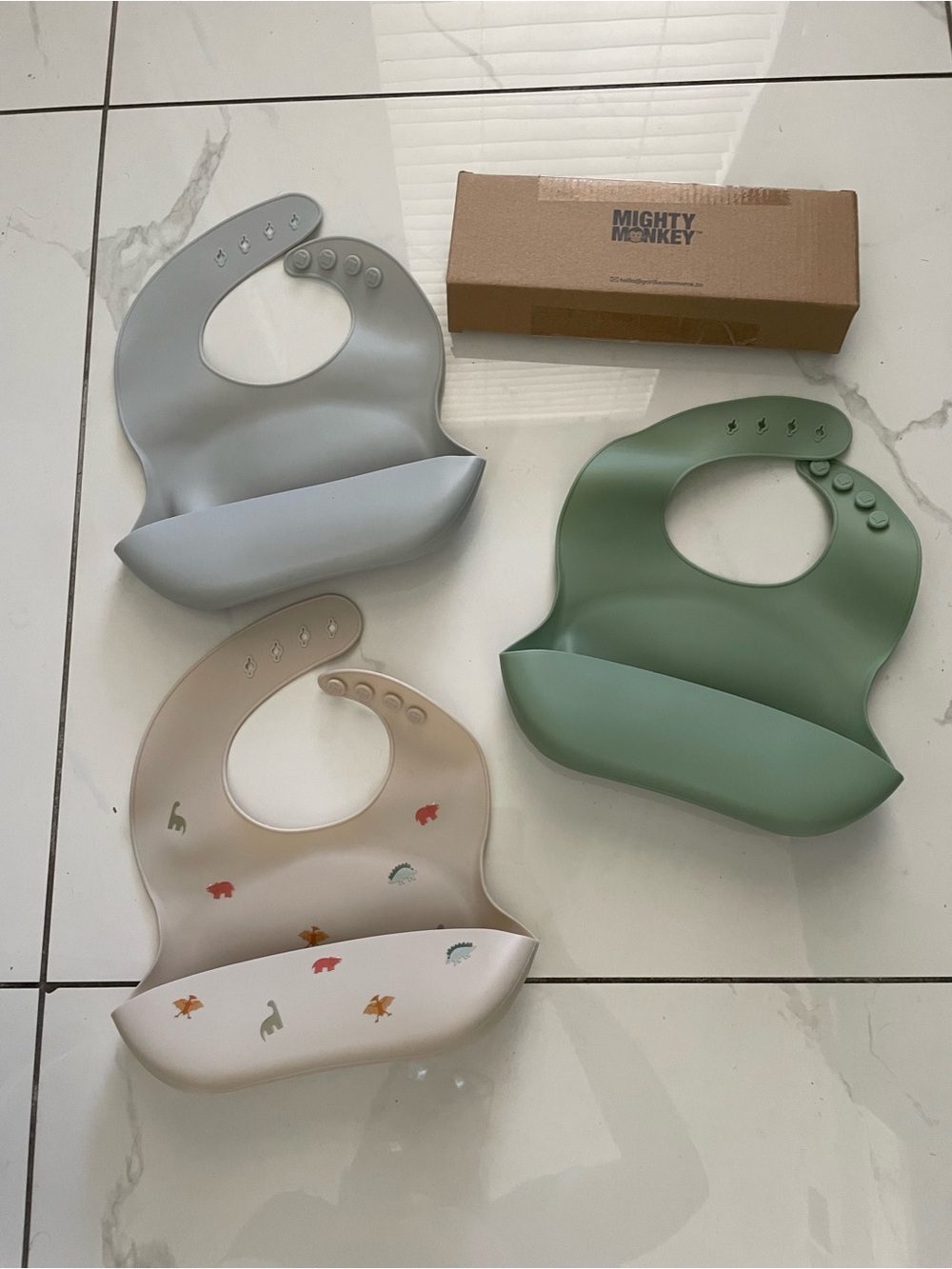 Silicone Baby Bibs - Sage Green, Light Gray, Cream Dino